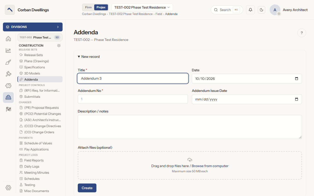The New record form for a construction addendum, with the title, addendum number, issue date, notes and the file drop box.