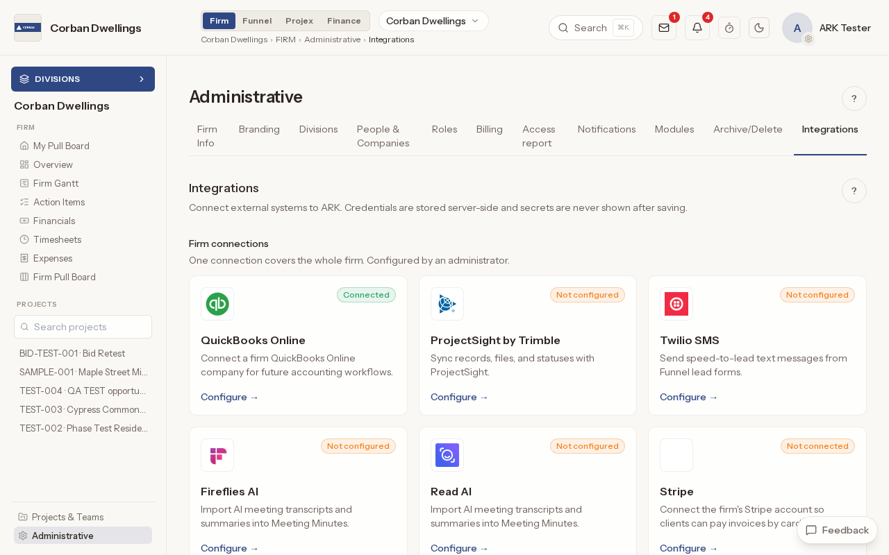 The firm's Integrations page in Administrative, where an administrator connects the firm's tools, each card showing whether it is connected.