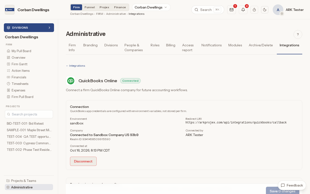 The QuickBooks Online connection page, showing the connected company, who connected it and when, with the Disconnect button.