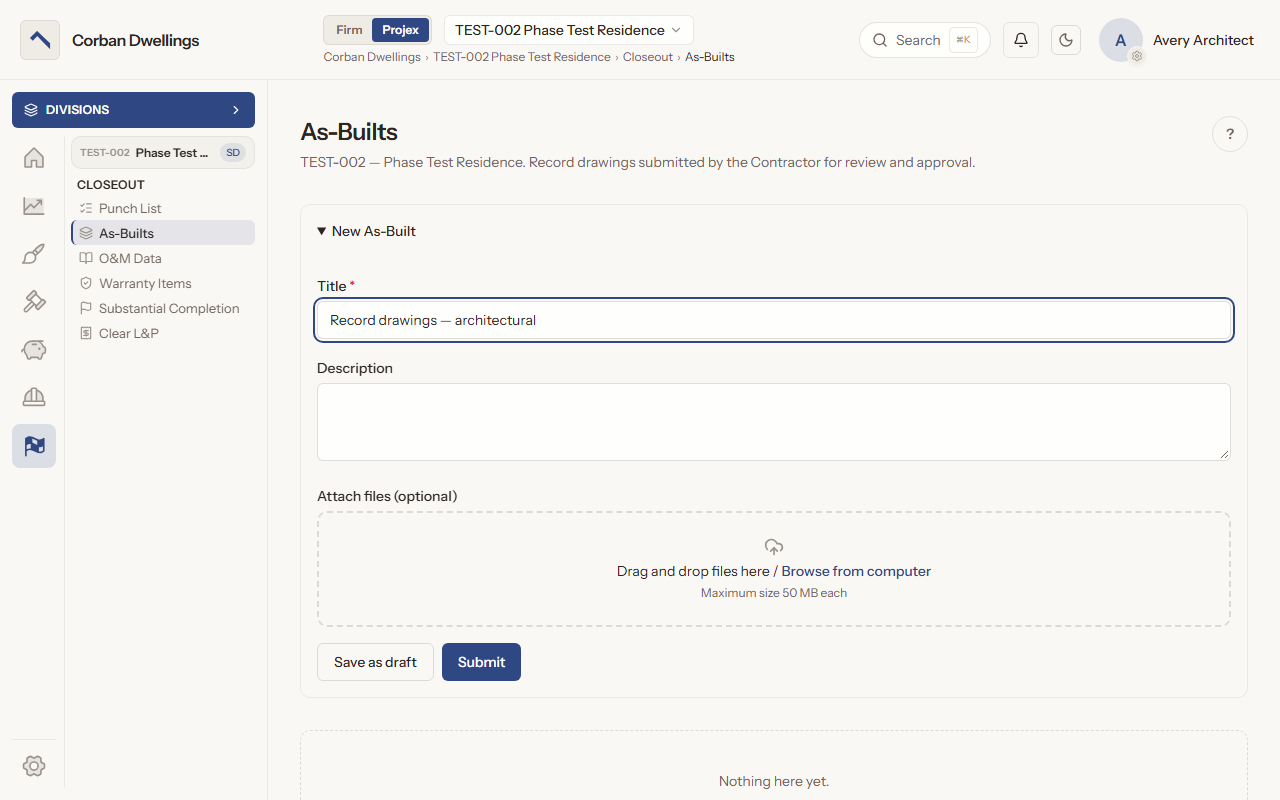The New As-Built form, titled for the architectural record drawings, with a description, the file drop box and the Save as draft and Submit buttons.