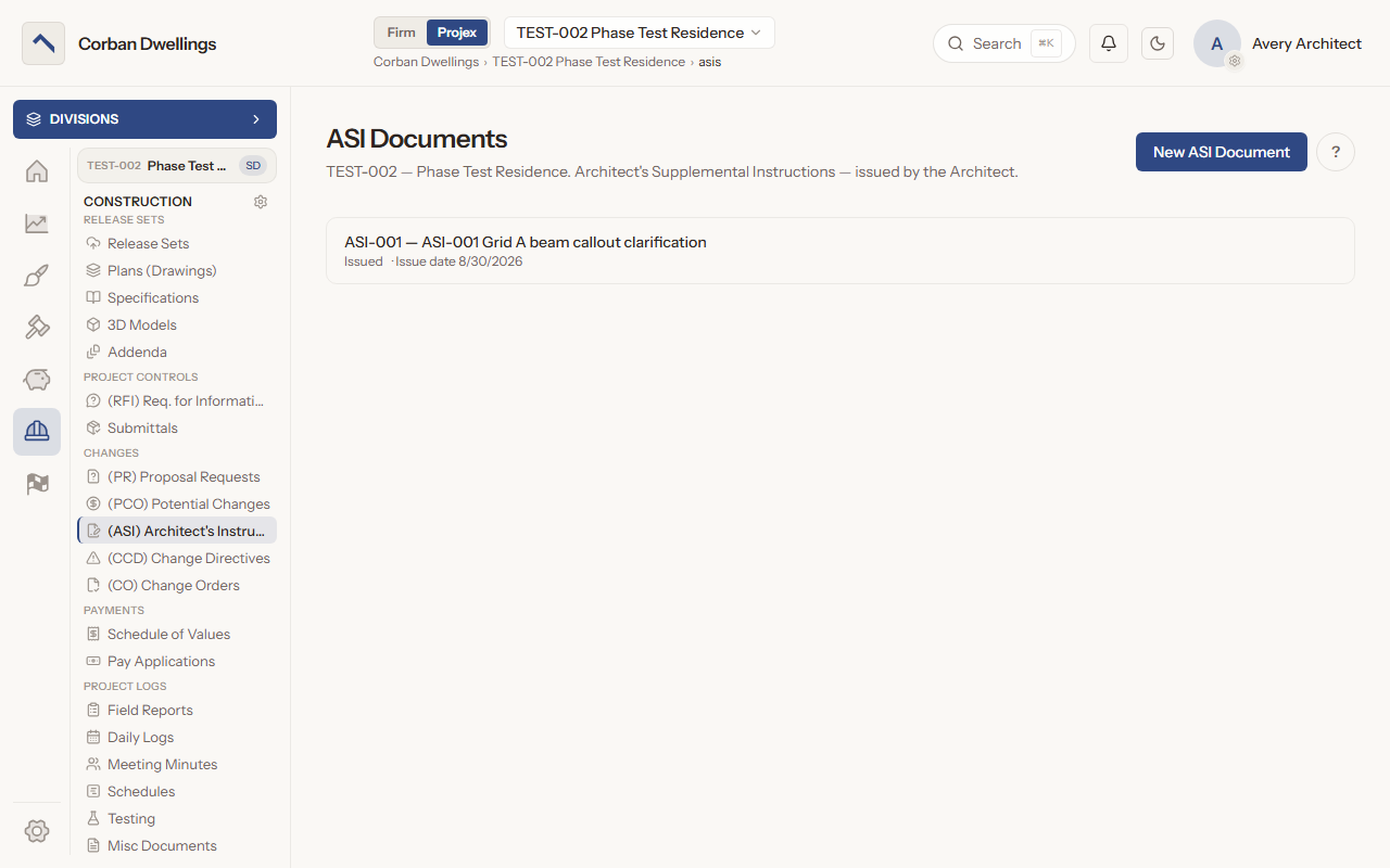 The ASI Documents list on a sample project, with an issued ASI clarifying a beam callout.