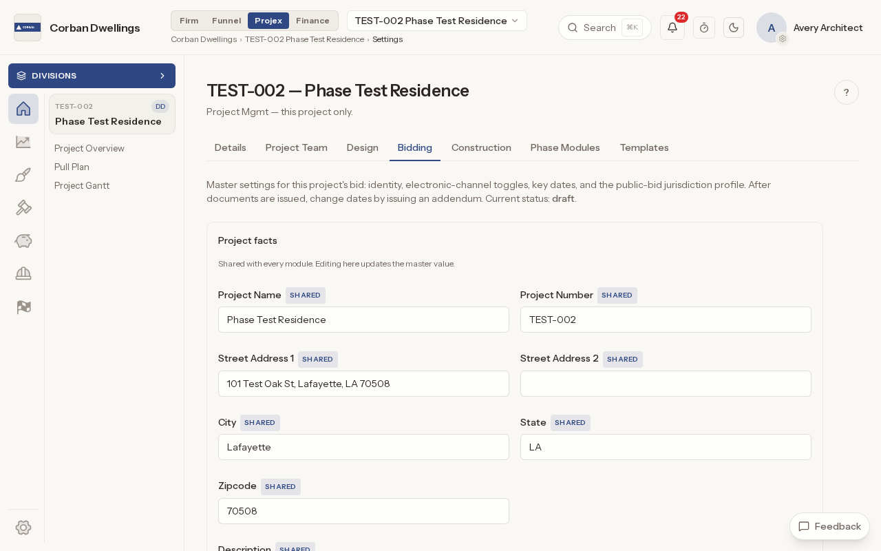 The Bidding tab of Project Mgmt, where the bid is set up, with the shared project facts at the top.