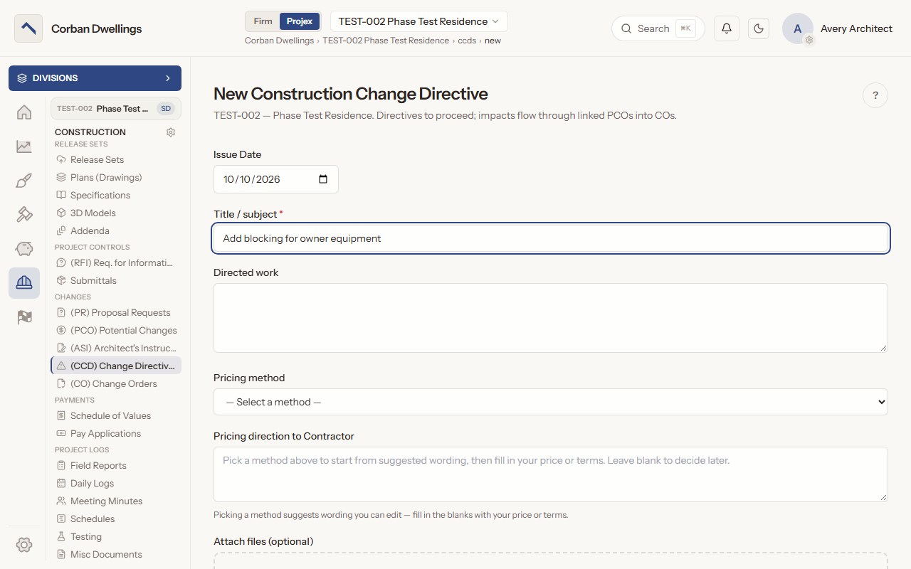 The New Construction Change Directive form, with the directed work, the pricing method and the pricing direction to the contractor.