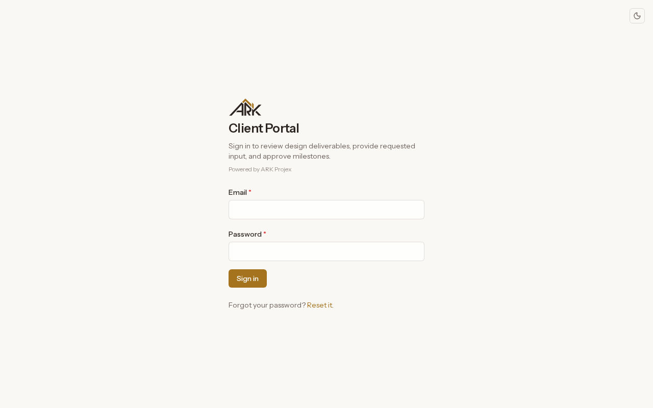 The Client Portal sign-in page, where the client signs in with their email and password to review deliverables, give requested input and approve milestones.