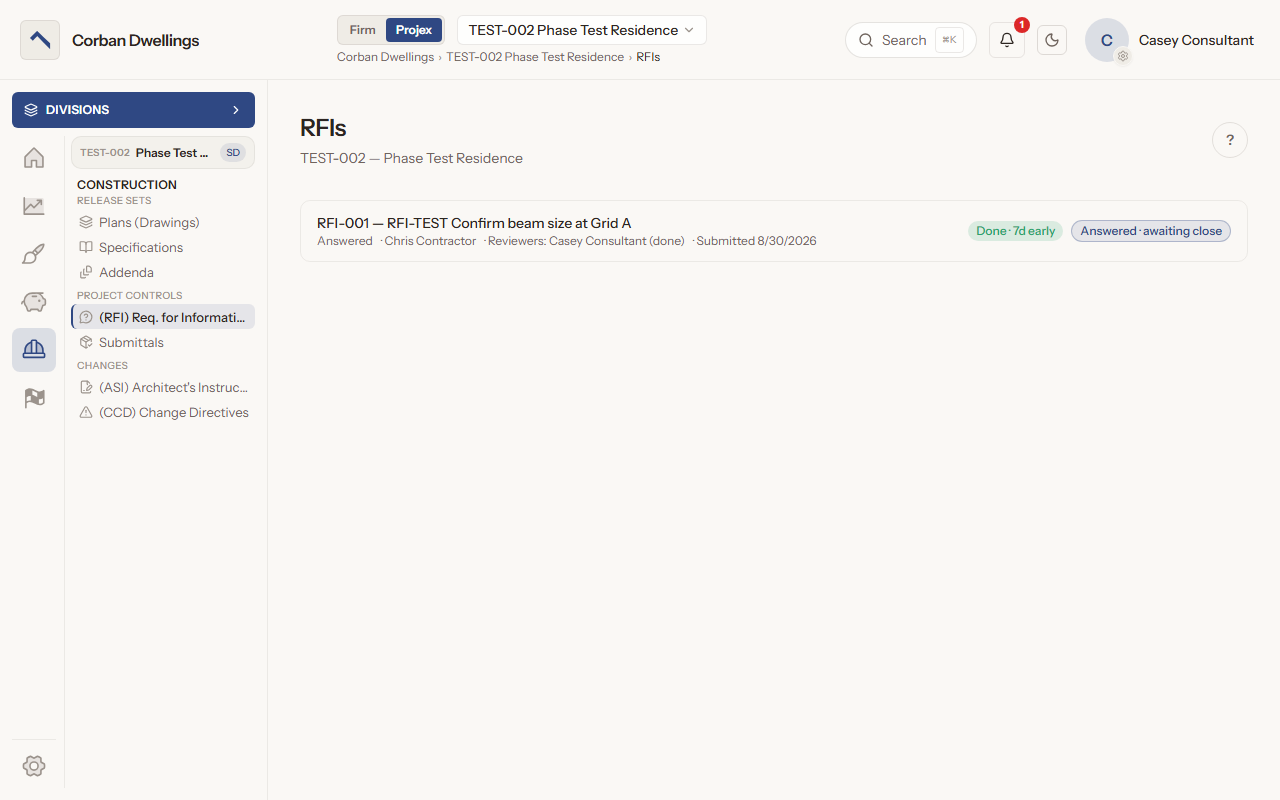 The RFI list as a consultant sees it, with the consultant's review marked done on an answered RFI.