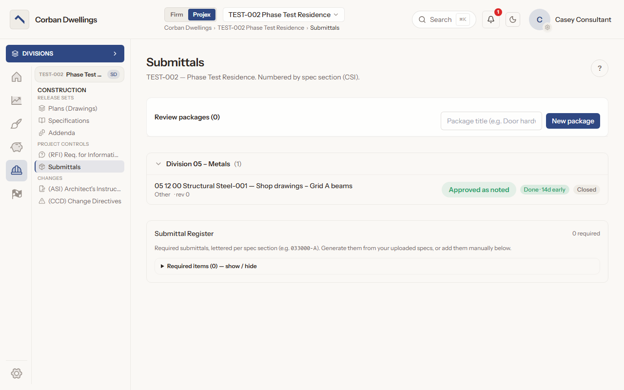 The Submittals list as a consultant sees it, with an approved-as-noted structural steel submittal and the Submittal Register.