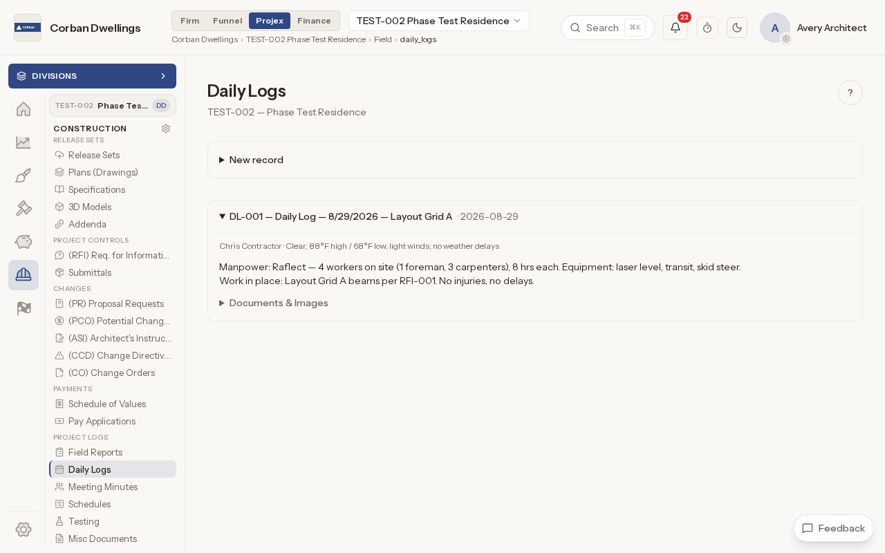 The Daily Logs list with one entry showing the weather, the crew on site, the equipment and the work in place.