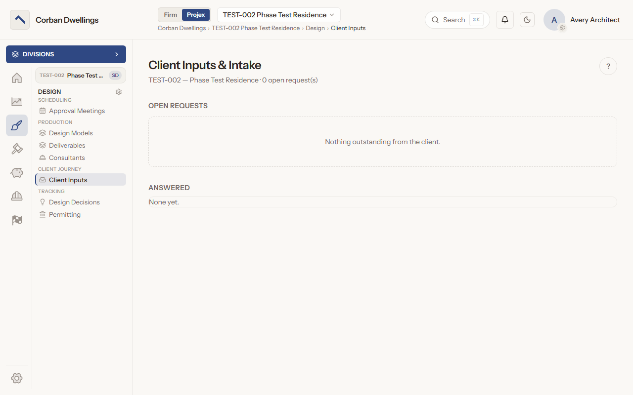 Client Inputs on a project, with nothing outstanding from the client and no answered requests yet.