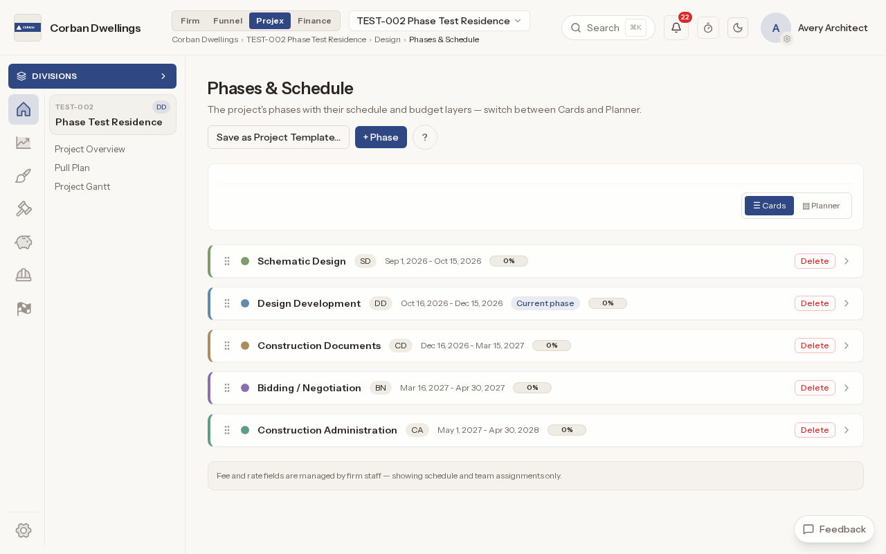 Phases & Schedule on a sample project, with five design phases from Schematic Design to Construction Administration and the current phase tagged.