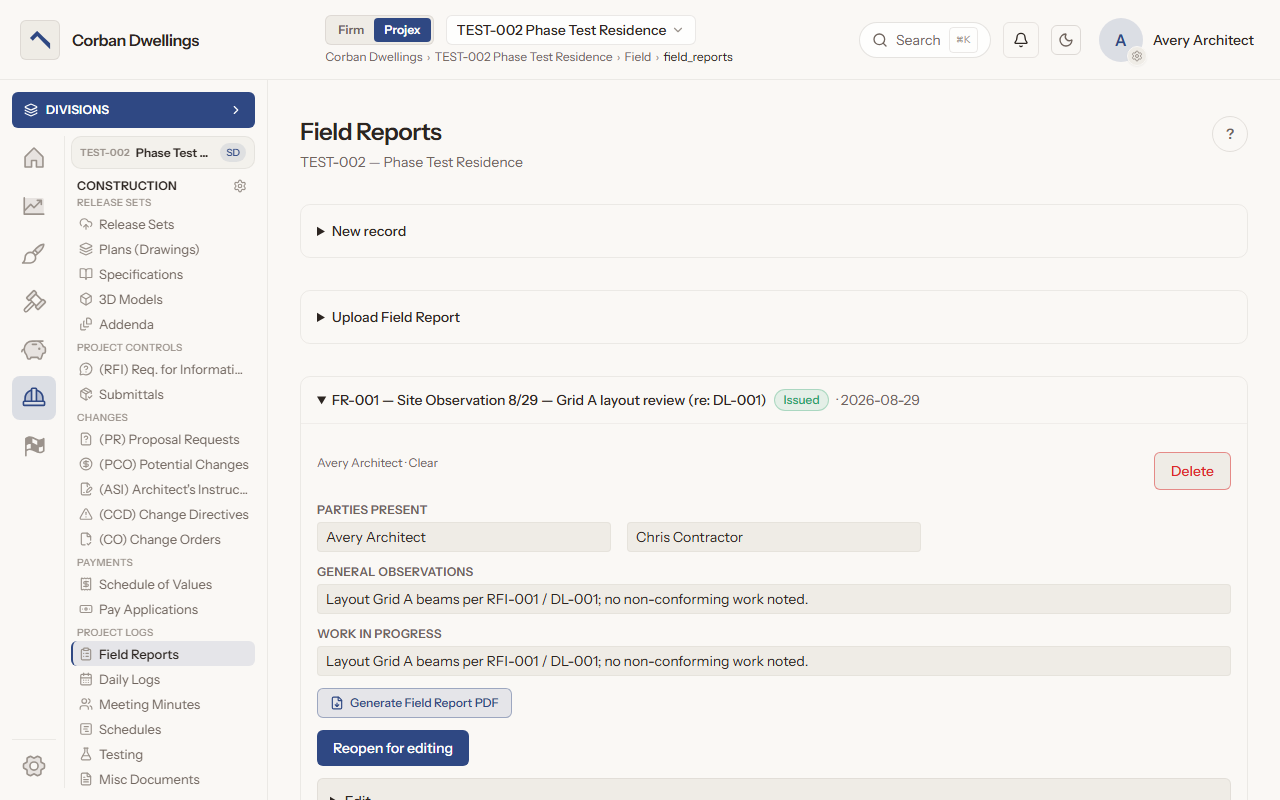 An issued field report on a sample project, with the parties present, general observations and work in progress, and the Generate Field Report PDF and Reopen for editing buttons.