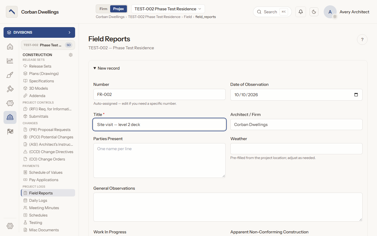 The New record form for a field report, with the number, date of observation and firm already filled in.