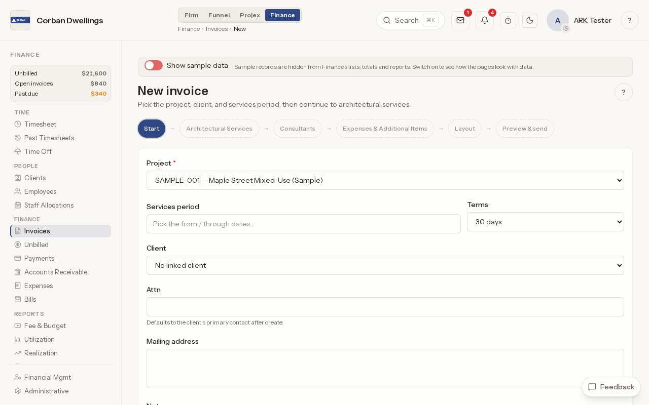 A new invoice on its Start step, with the six steps across the top and the project, services period, terms and client boxes below.