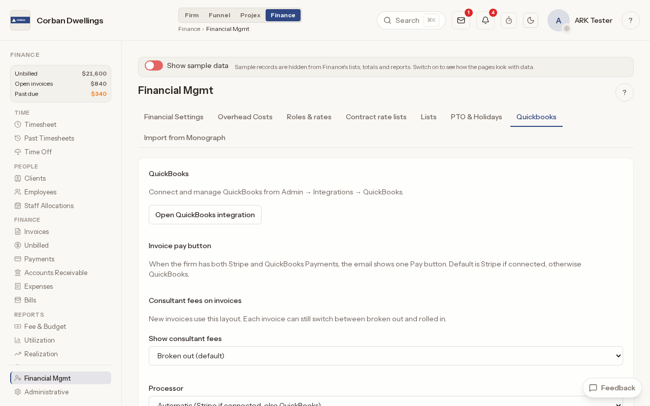 The Quickbooks tab of Financial Mgmt, with the link to the QuickBooks connection, the invoice pay button choice and how consultant fees show on invoices.