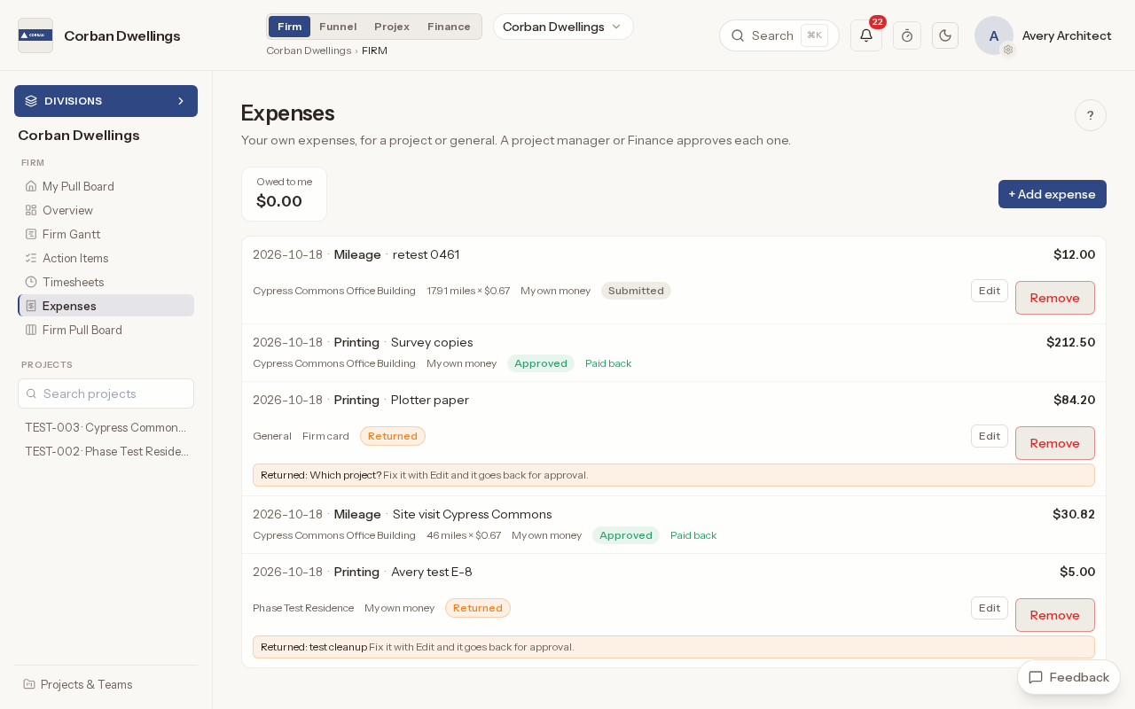 A person's own expenses, each with its project, how it was paid and whether it is submitted, approved and paid back, or returned with a note.