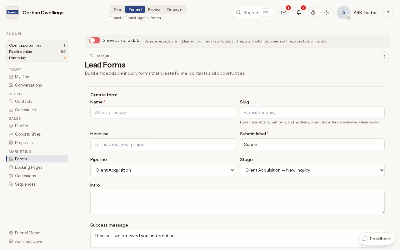 Lead Forms, with the Create form section: the name, headline, pipeline and stage new leads land in, and the success message.