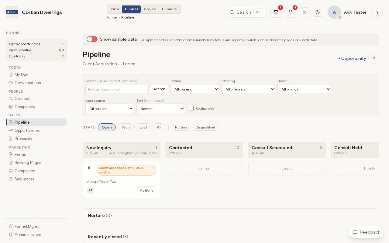 The Pipeline board, with stage columns showing each stage's win chance and weighted total, a new inquiry, and filters by owner, offering, brand and lead source.