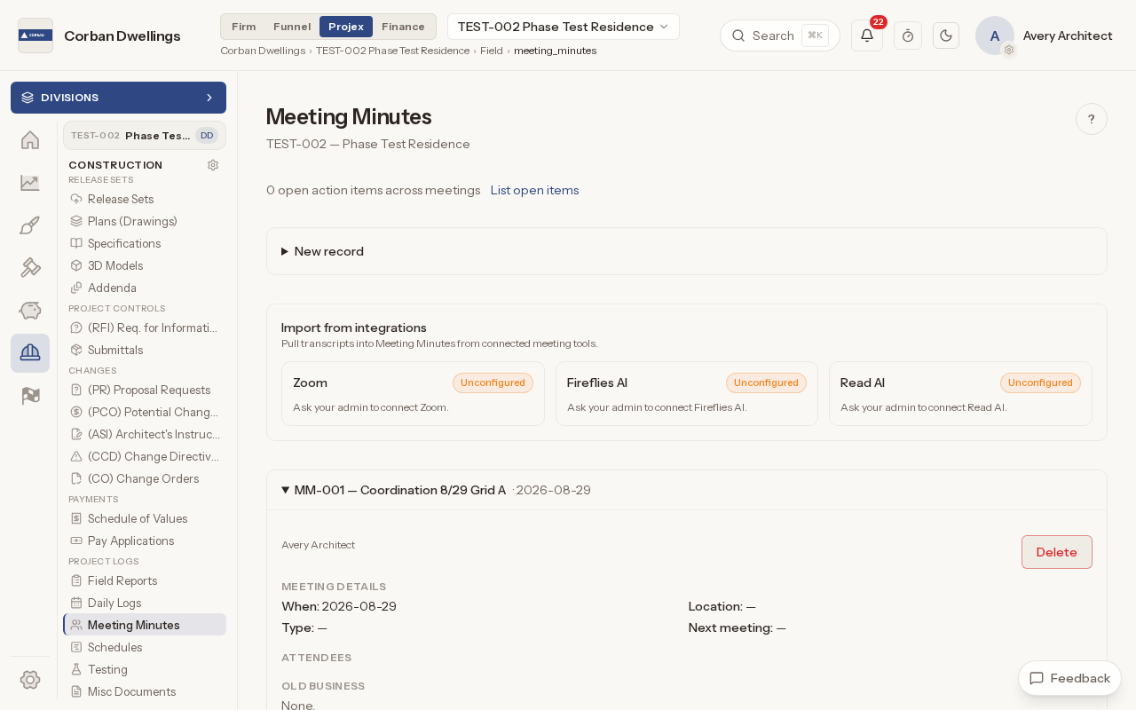 Meeting Minutes on a sample project, with the open action items count, the Import from integrations panel for Zoom, Fireflies AI and Read AI, and a saved meeting below.
