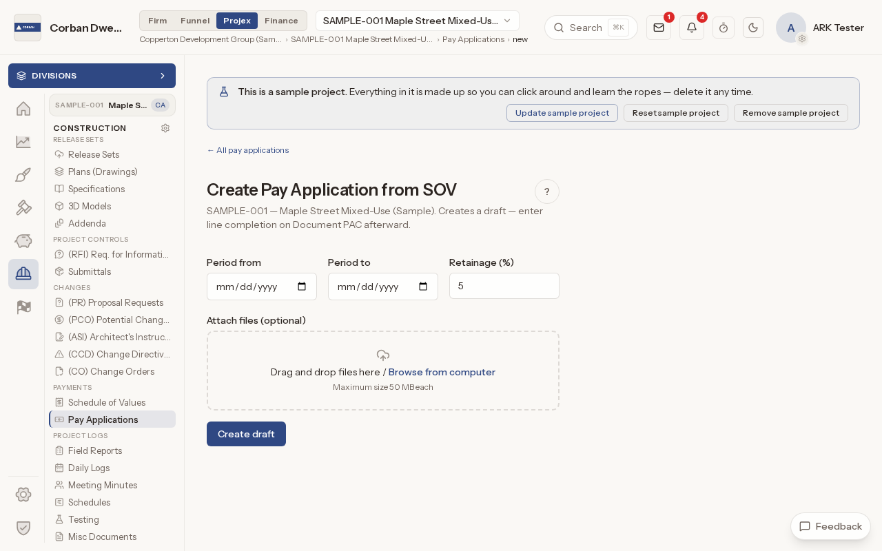 The Create Pay Application from SOV form, with the period dates, the retainage box and the file drop area.