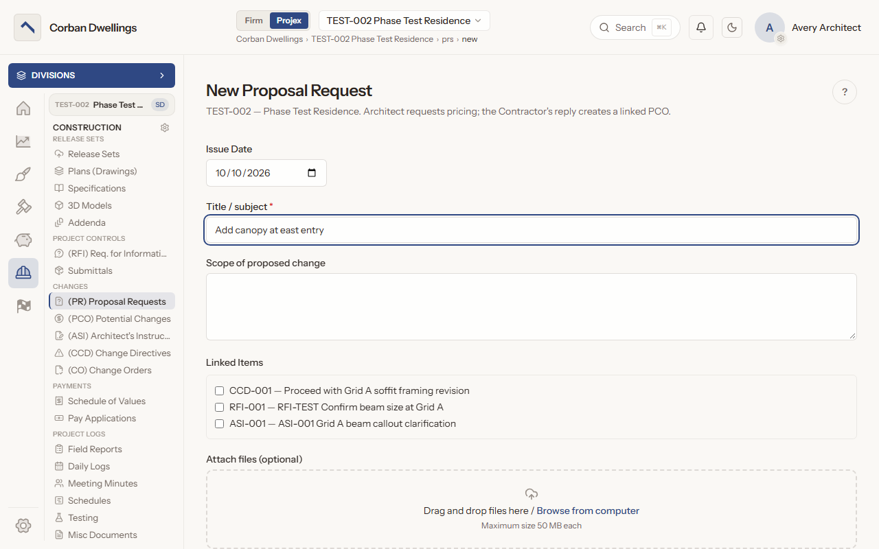 The New Proposal Request form, with the title, the scope of proposed change and linked items for a directive, an RFI and an ASI.