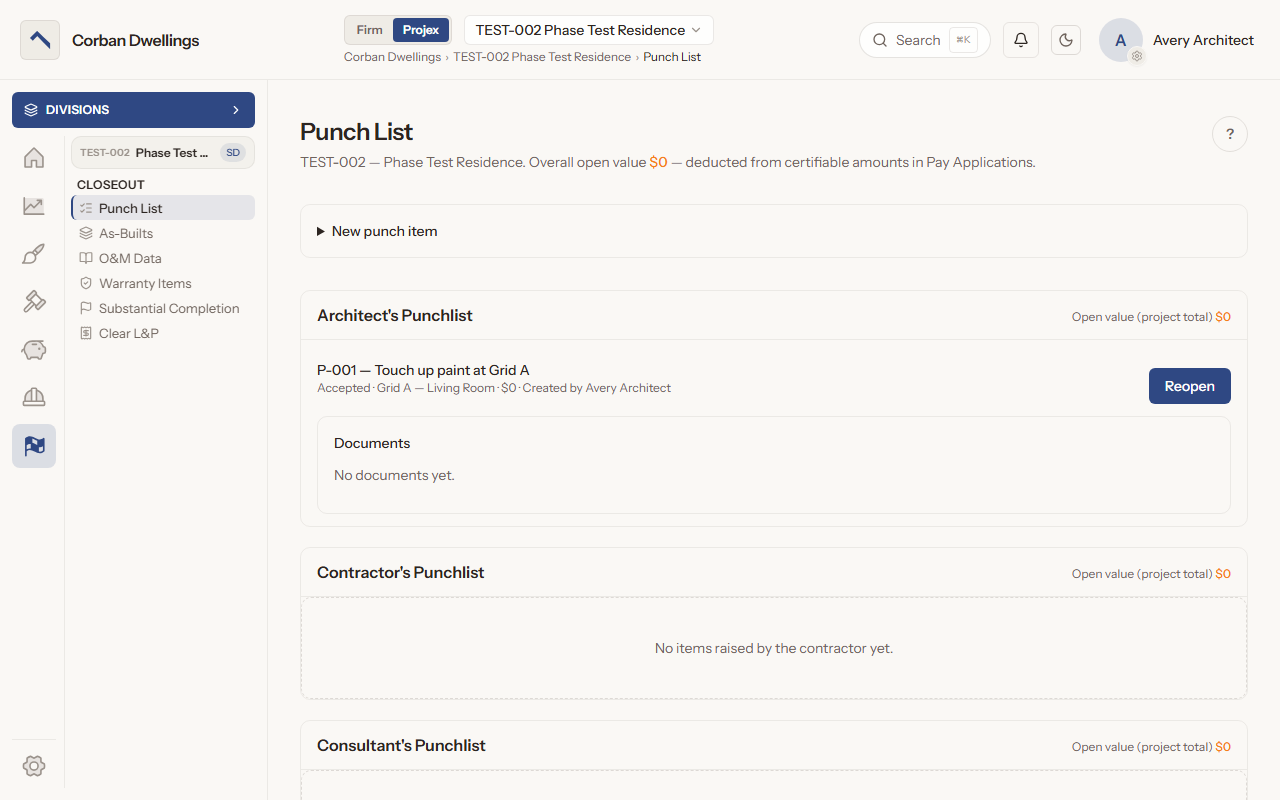The Punch List on a sample project, with an accepted item under the Architect's Punchlist heading and the Closeout menu listing As-Builts, O&M Data, Warranty Items, Substantial Completion and Clear L&P.