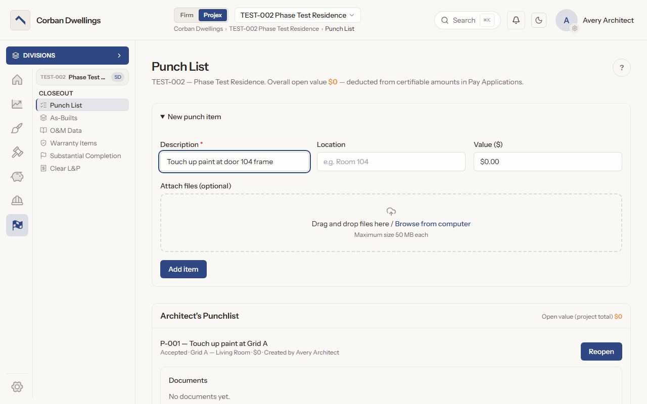 The New punch item form, with the Description, Location and Value boxes above the file drop box.