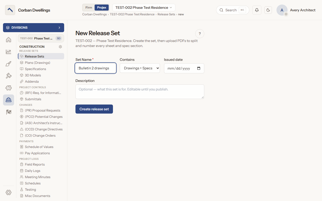 The New Release Set form, with the set name, what the set contains, the issued date and a description.