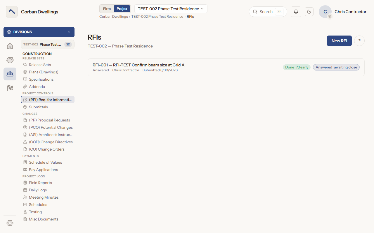 The RFI list on a sample project, with an answered RFI marked done seven days early and awaiting close.