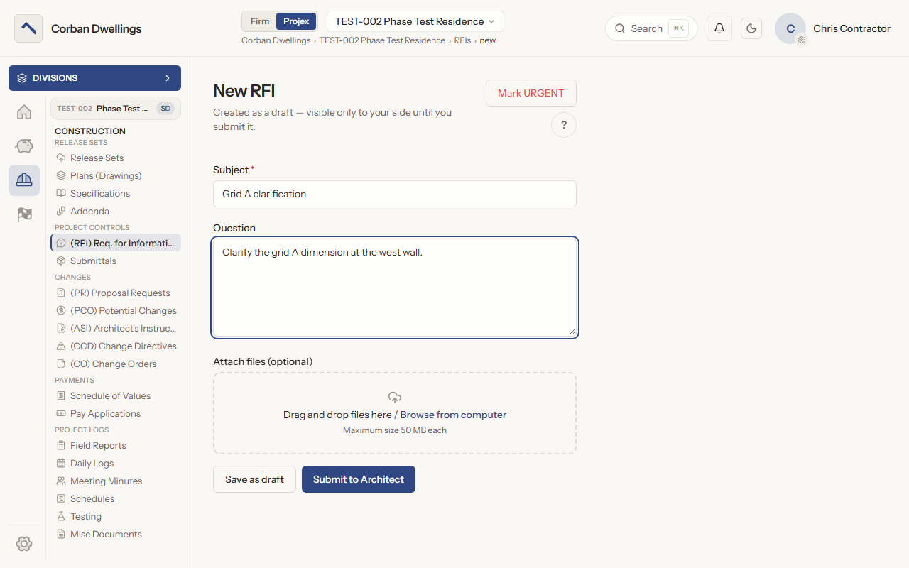 The New RFI form, with the Subject and Question boxes, the file drop area, the Mark URGENT button and Submit to Architect.