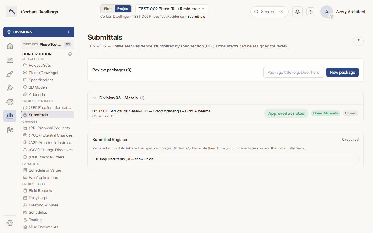 The Submittals list for the architect, with review packages, an approved-as-noted structural steel submittal and the Submittal Register.