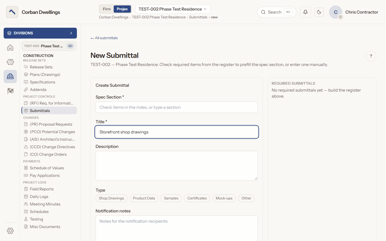 The New Submittal form, with the spec section, title, description and submittal type boxes beside the Required Submittals panel.