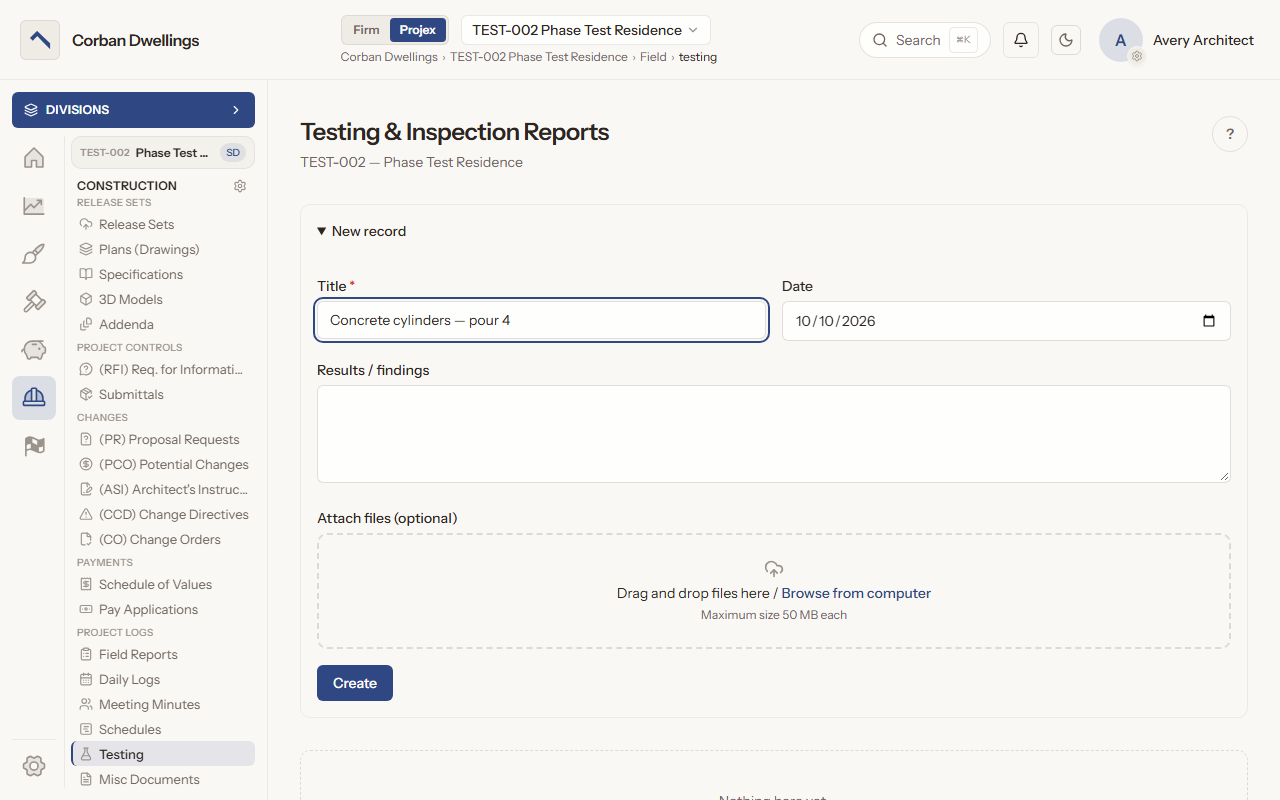 The New record form for a testing and inspection report, titled for a concrete cylinder test, with the results box and file drop box.