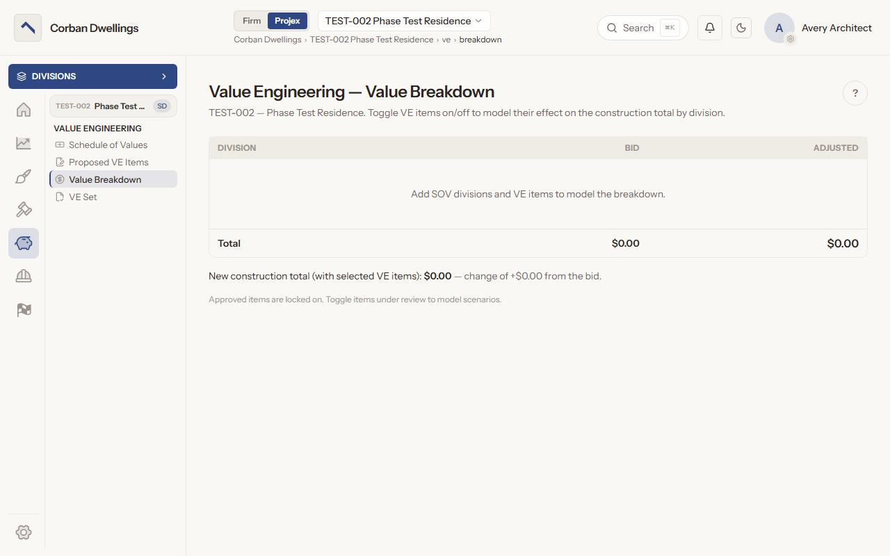 Value Breakdown, with division, bid and adjusted columns that fill in once the Schedule of Values divisions and VE items are added.