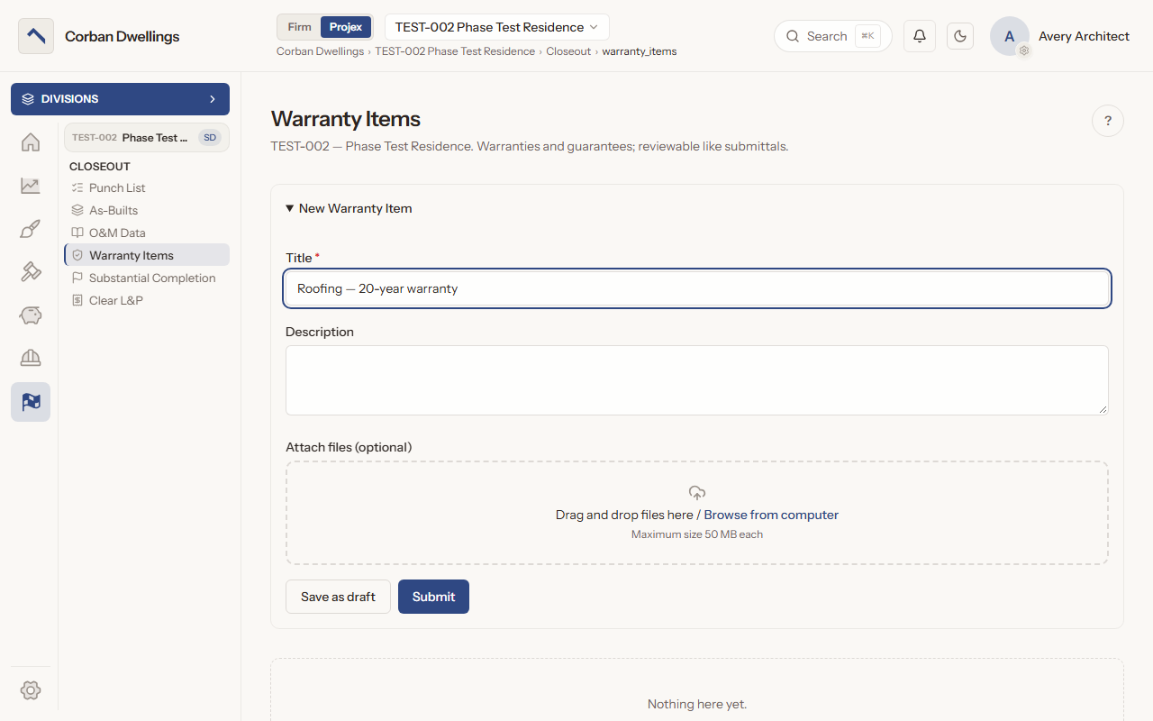 The New Warranty Item form, titled for a 20-year roofing warranty, with a description, the file box and the Save as draft and Submit buttons.